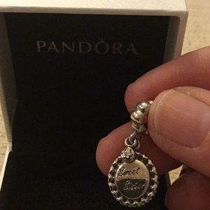 New in Box Pandora “Sweet Sister” Sterling Charm in Box, Silver with CZ charm